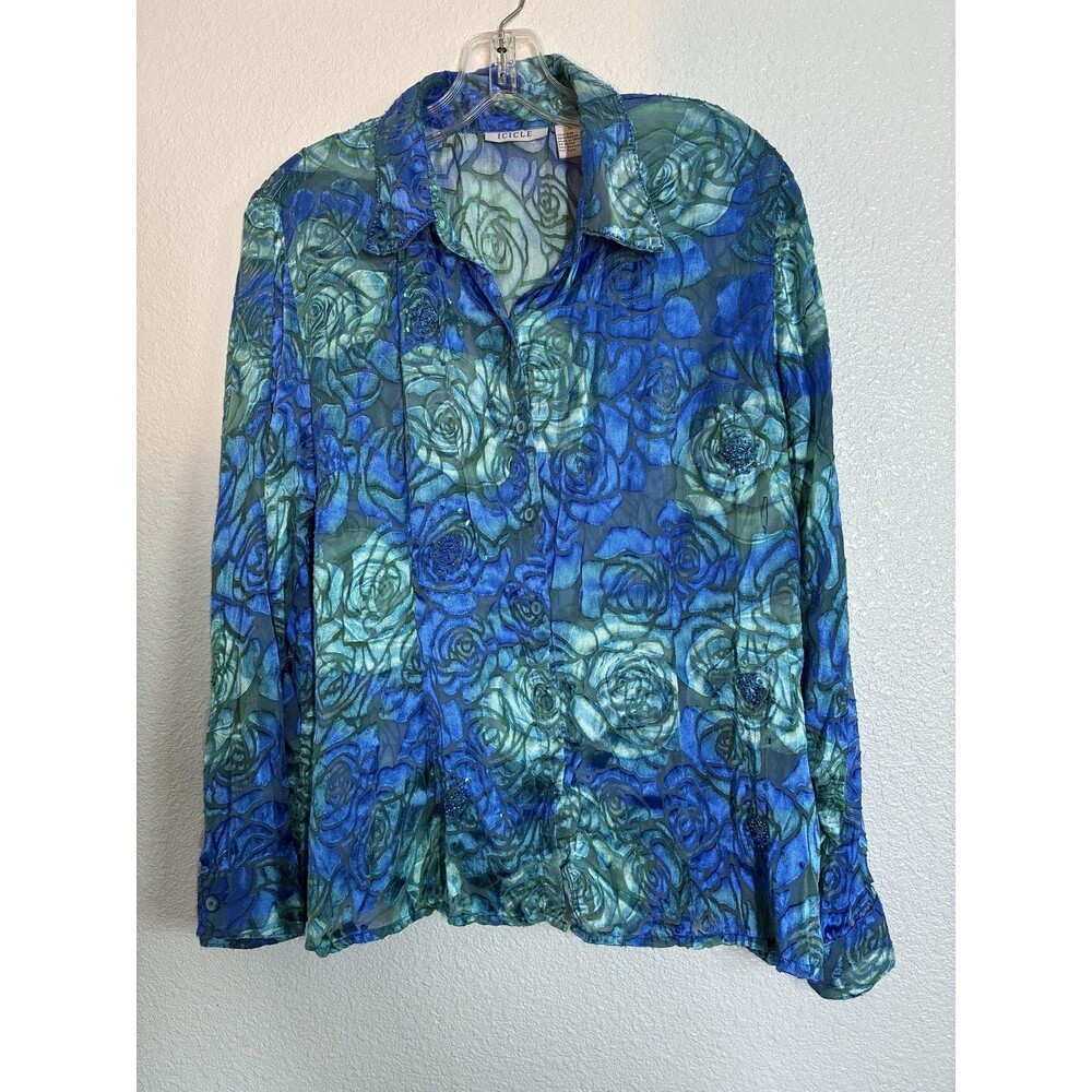 ICICLE Silk Blouse Womens Medium Blue Green Rose Sequin Sheer Button Up Top